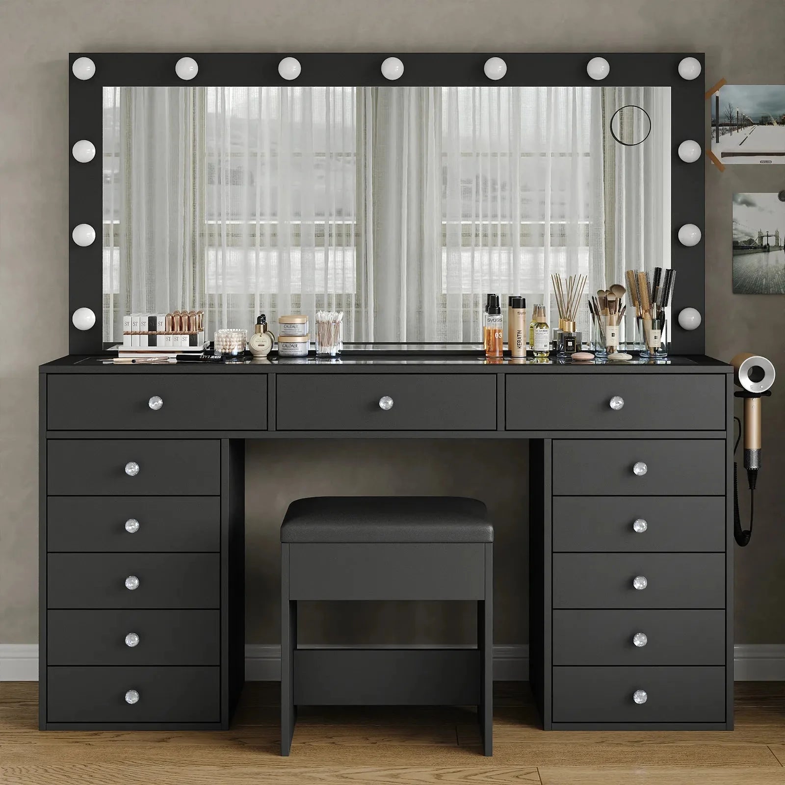 Makeup Vanity desk with LED Mirror, 13 Drawers