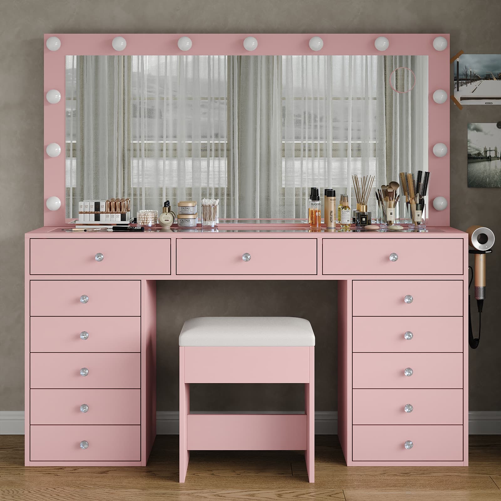 Makeup Vanity desk with LED Mirror, 13 Drawers