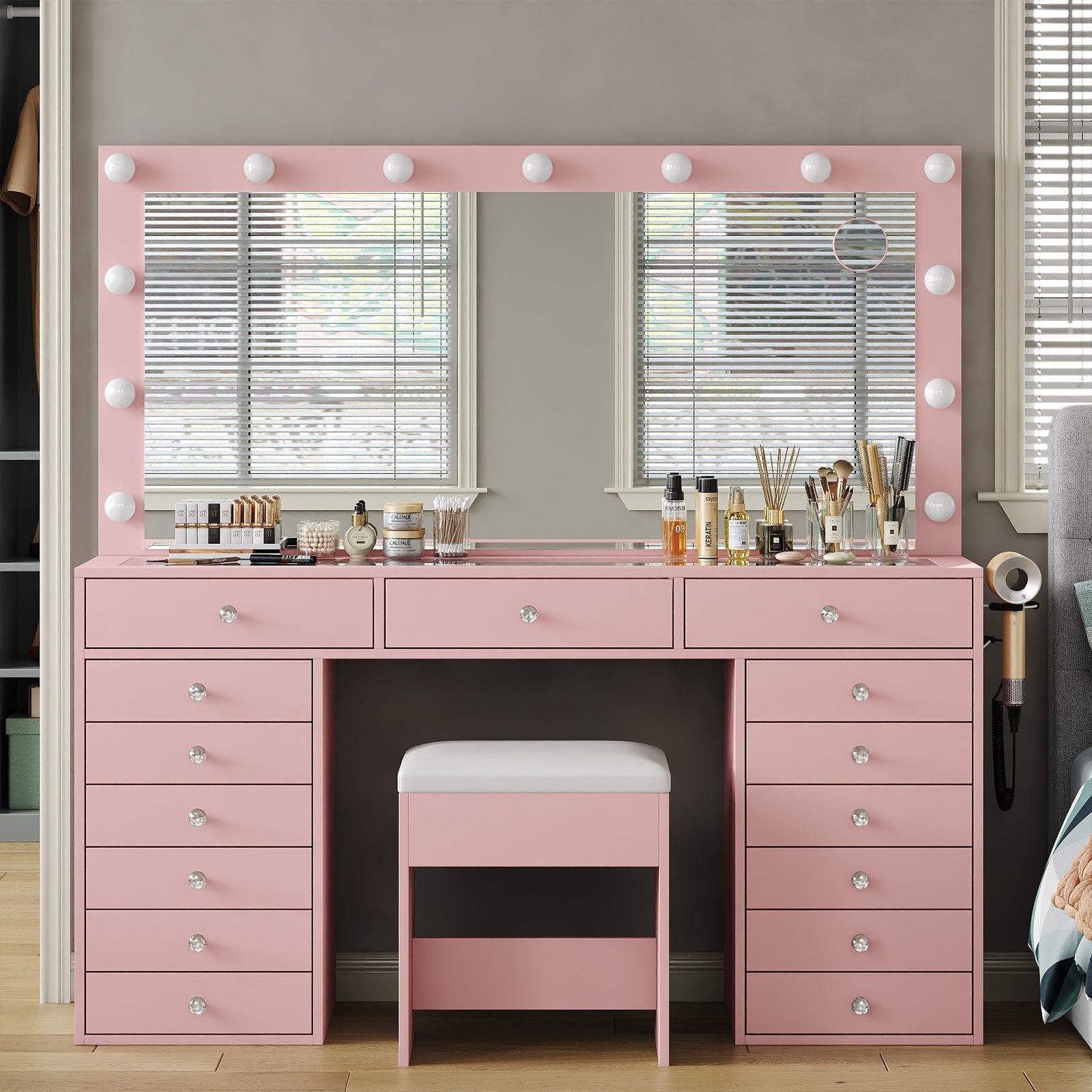 Yanosaku VD017 Bedroom Makeup Vanity desk with LED Mirror, 15 Drawers