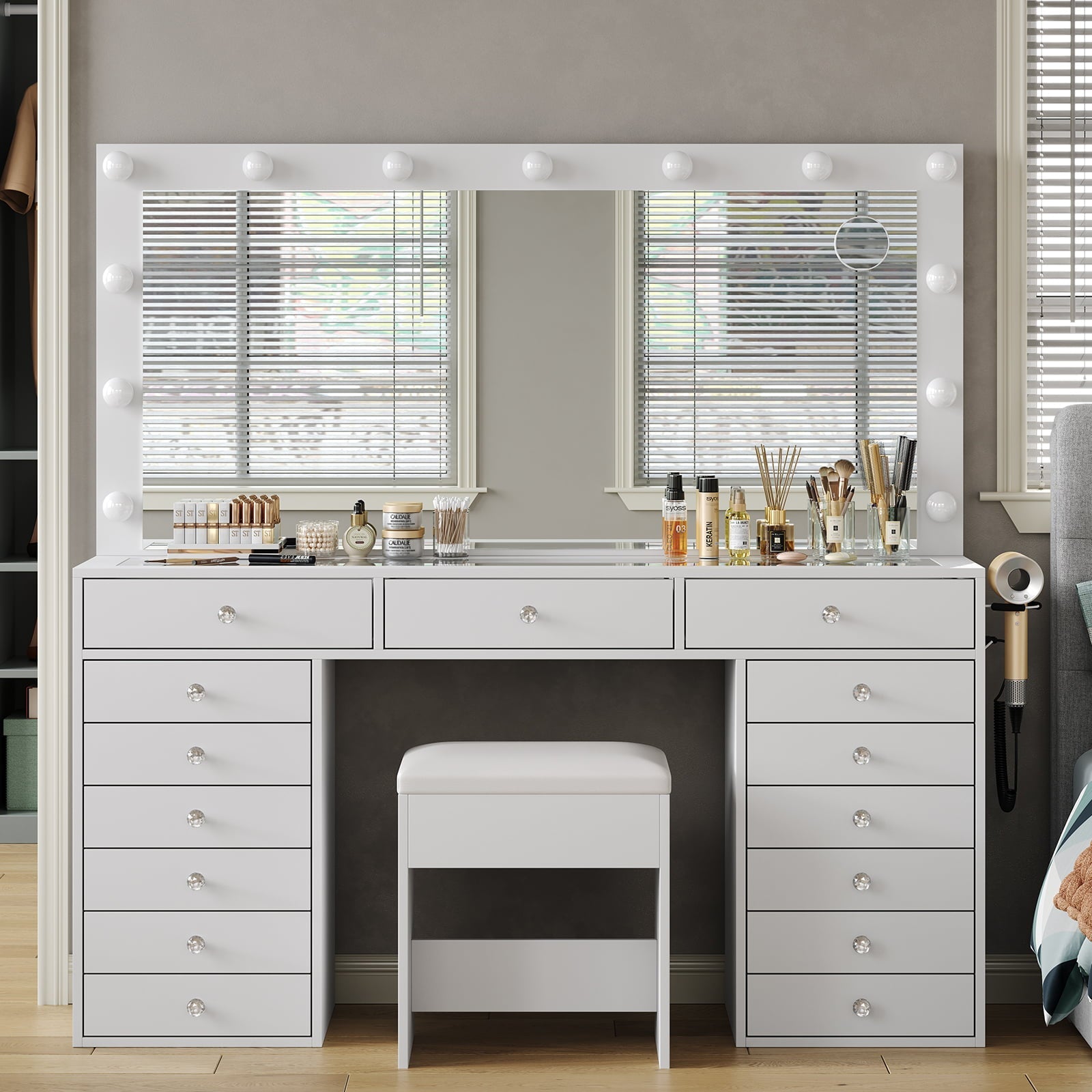 Yanosaku VD017 Bedroom Makeup Vanity desk with LED Mirror, 15 Drawers