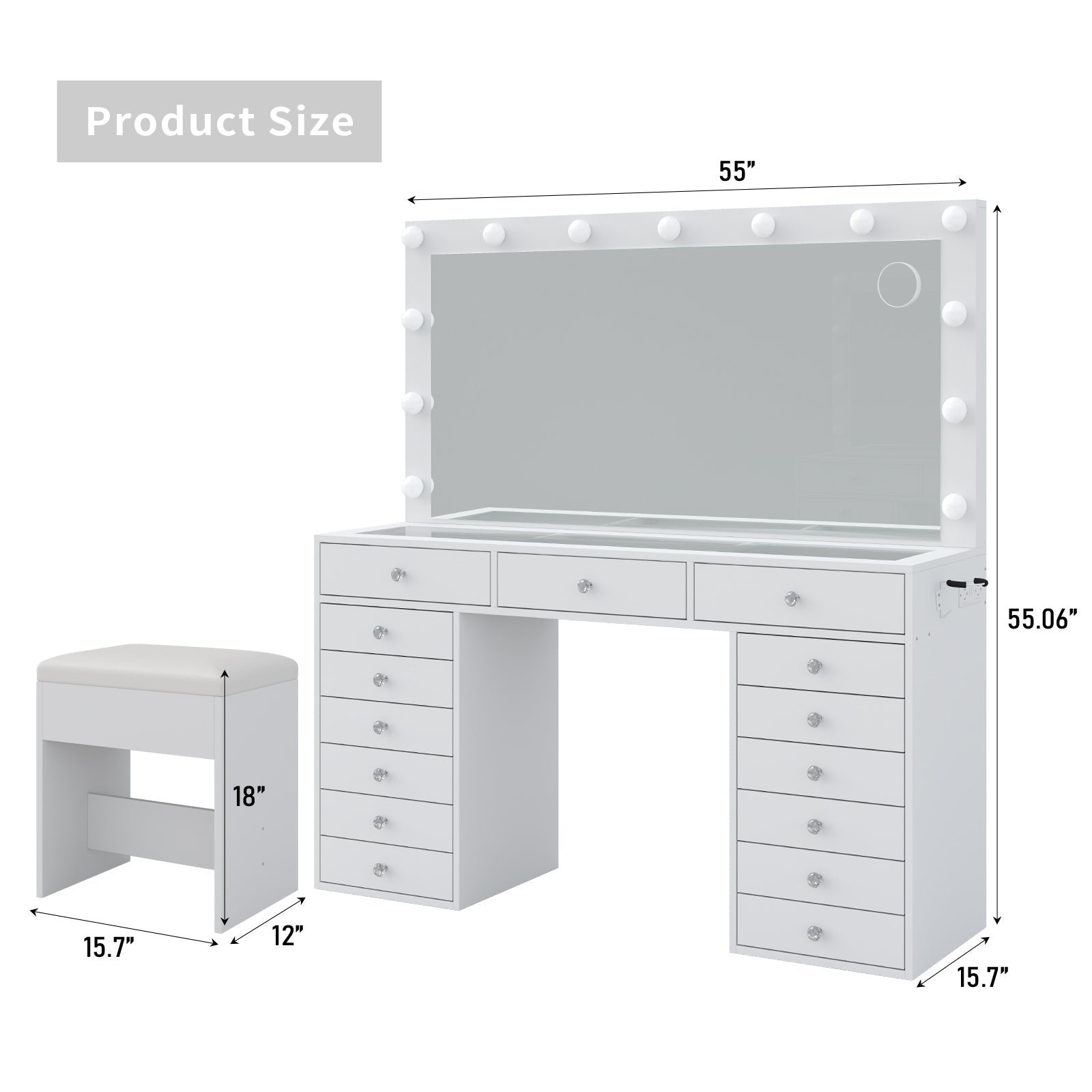 Yanosaku VD017 Bedroom Makeup Vanity desk with LED Mirror, 15 Drawers