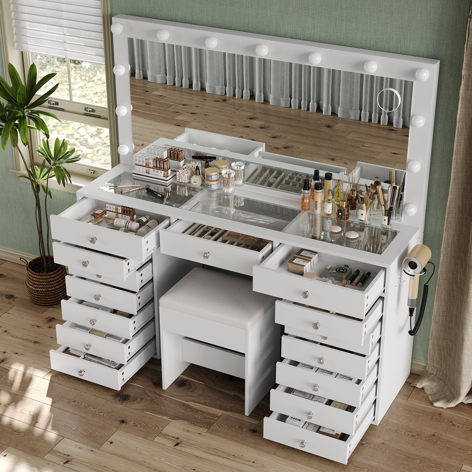 Yanosaku VD017 Bedroom Makeup Vanity desk with LED Mirror, 15 Drawers
