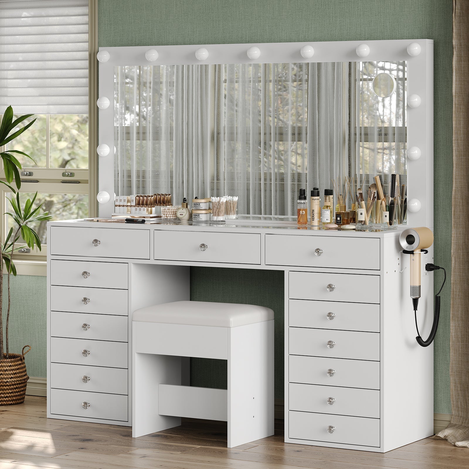 Yanosaku VD017 Bedroom Makeup Vanity desk with LED Mirror, 15 Drawers