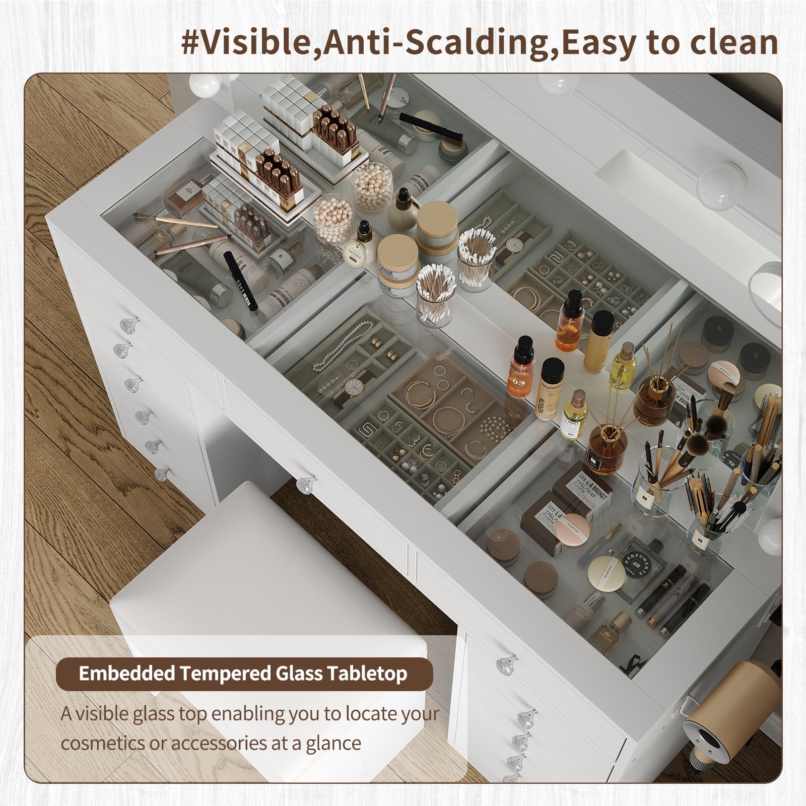 Makeup Vanity desk with LED Mirror, 13 Drawers