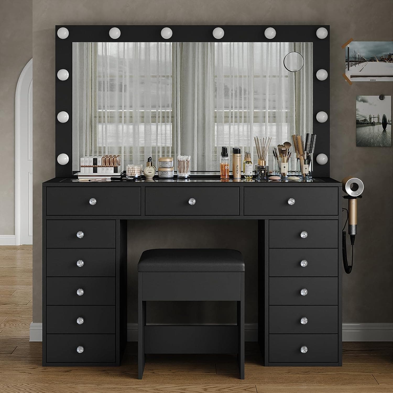 Makeup Vanity desk with LED Mirror, 13 Drawers