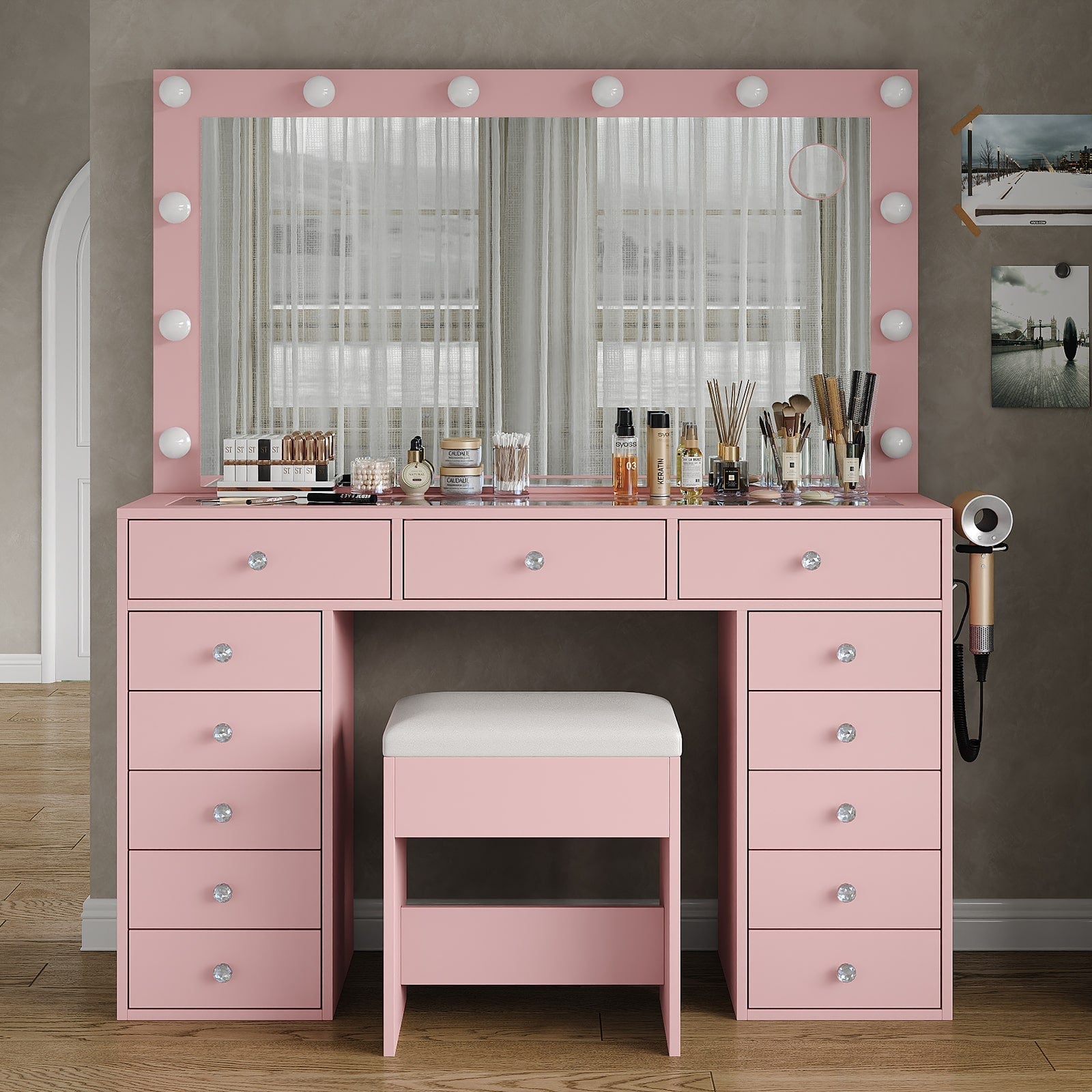 Makeup Vanity desk with LED Mirror, 13 Drawers