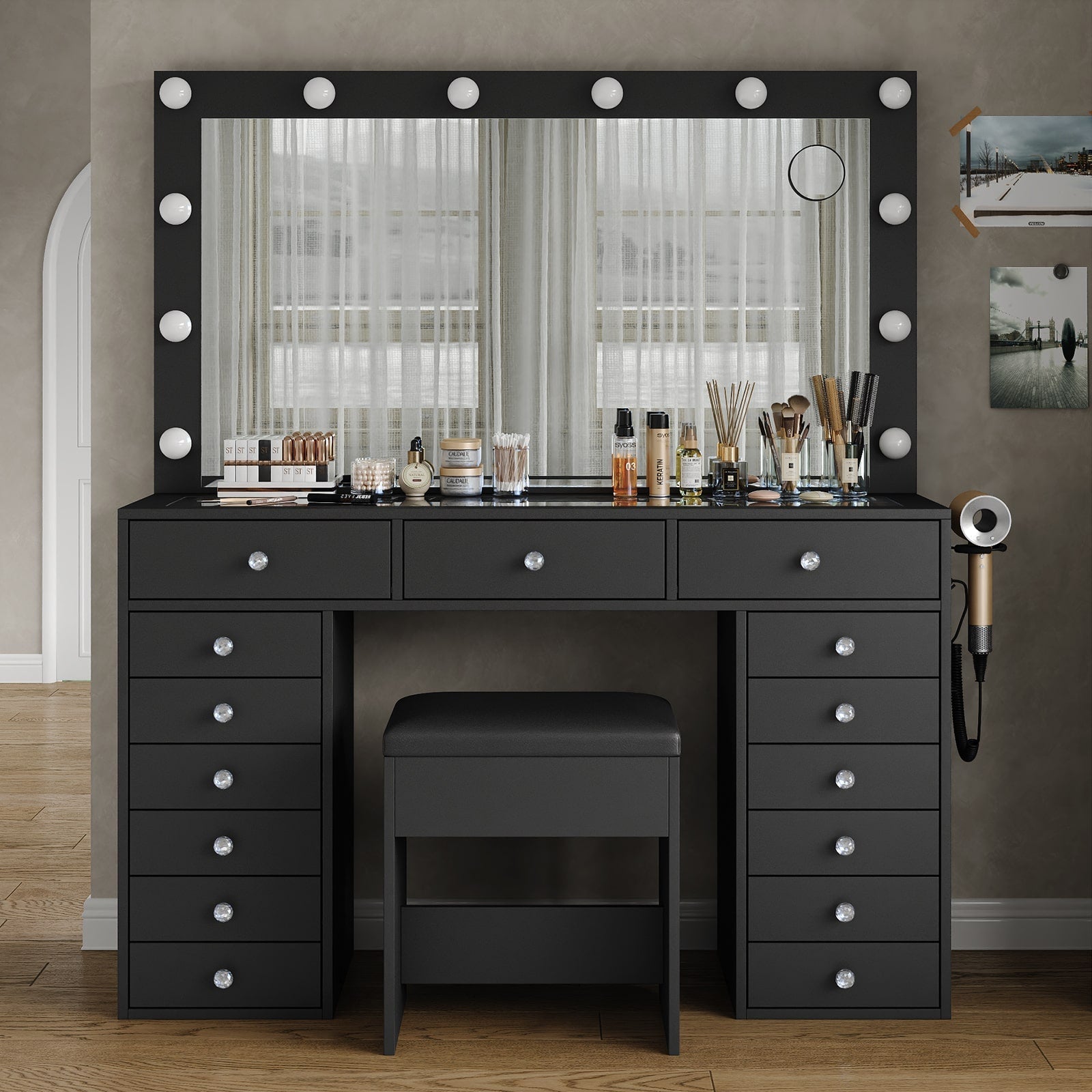Makeup Vanity desk with LED Mirror, 15 Drawers