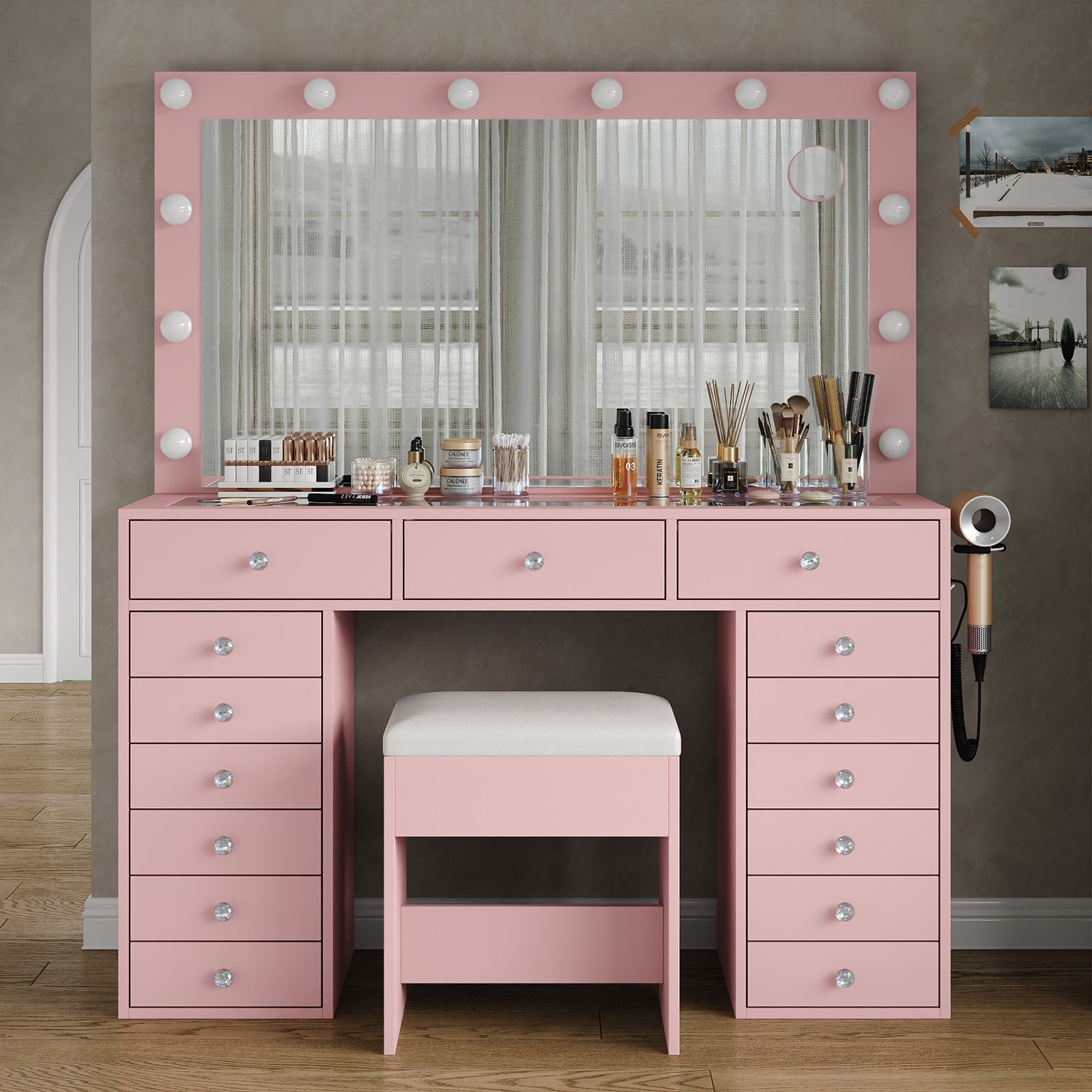 Makeup Vanity desk with LED Mirror, 15 Drawers
