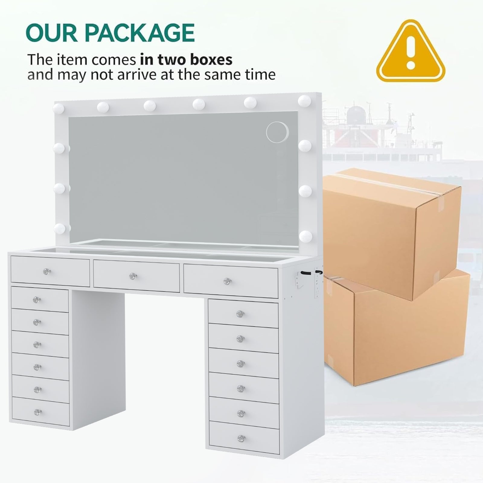 Makeup Vanity desk with LED Mirror, 15 Drawers