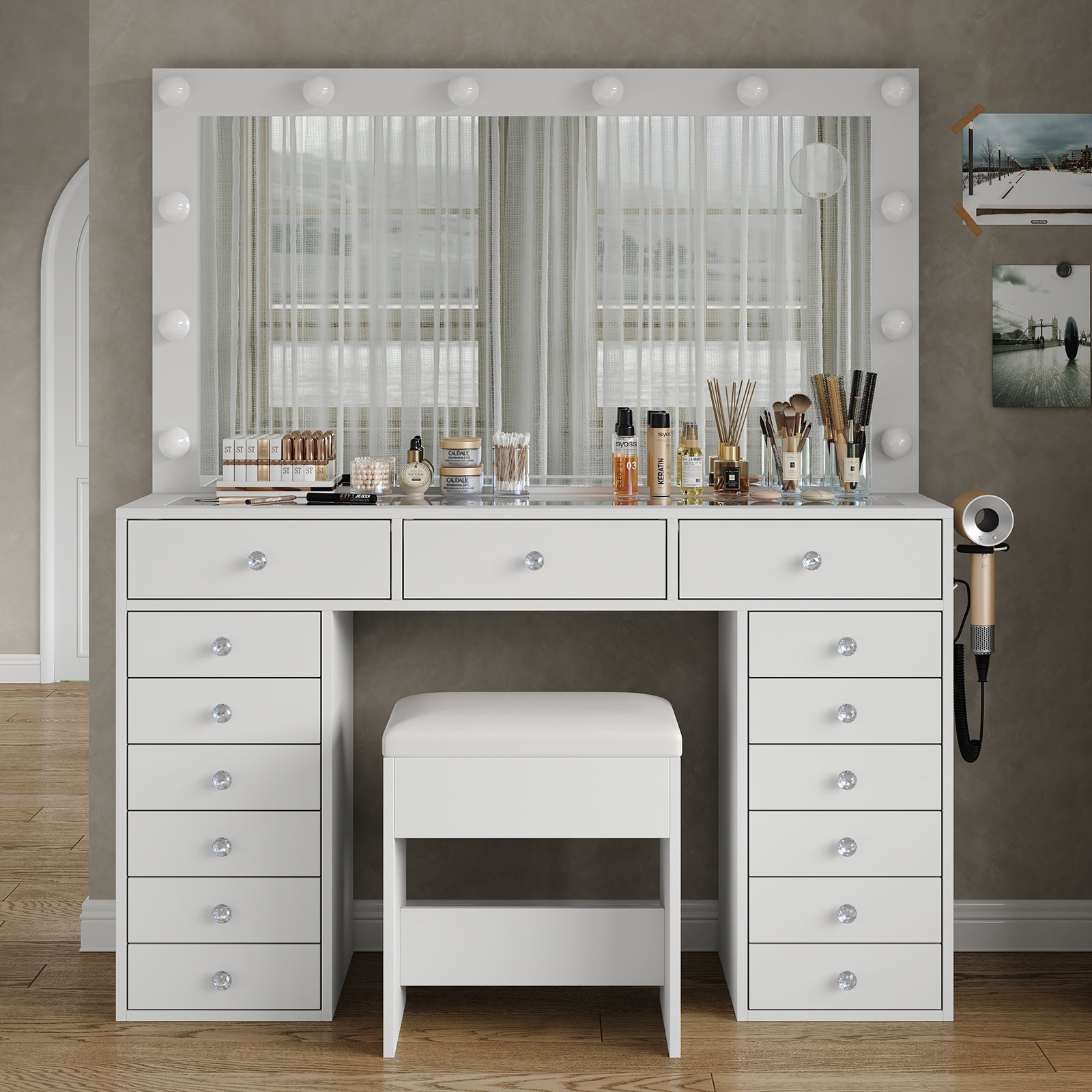 Makeup Vanity desk with LED Mirror, 15 Drawers