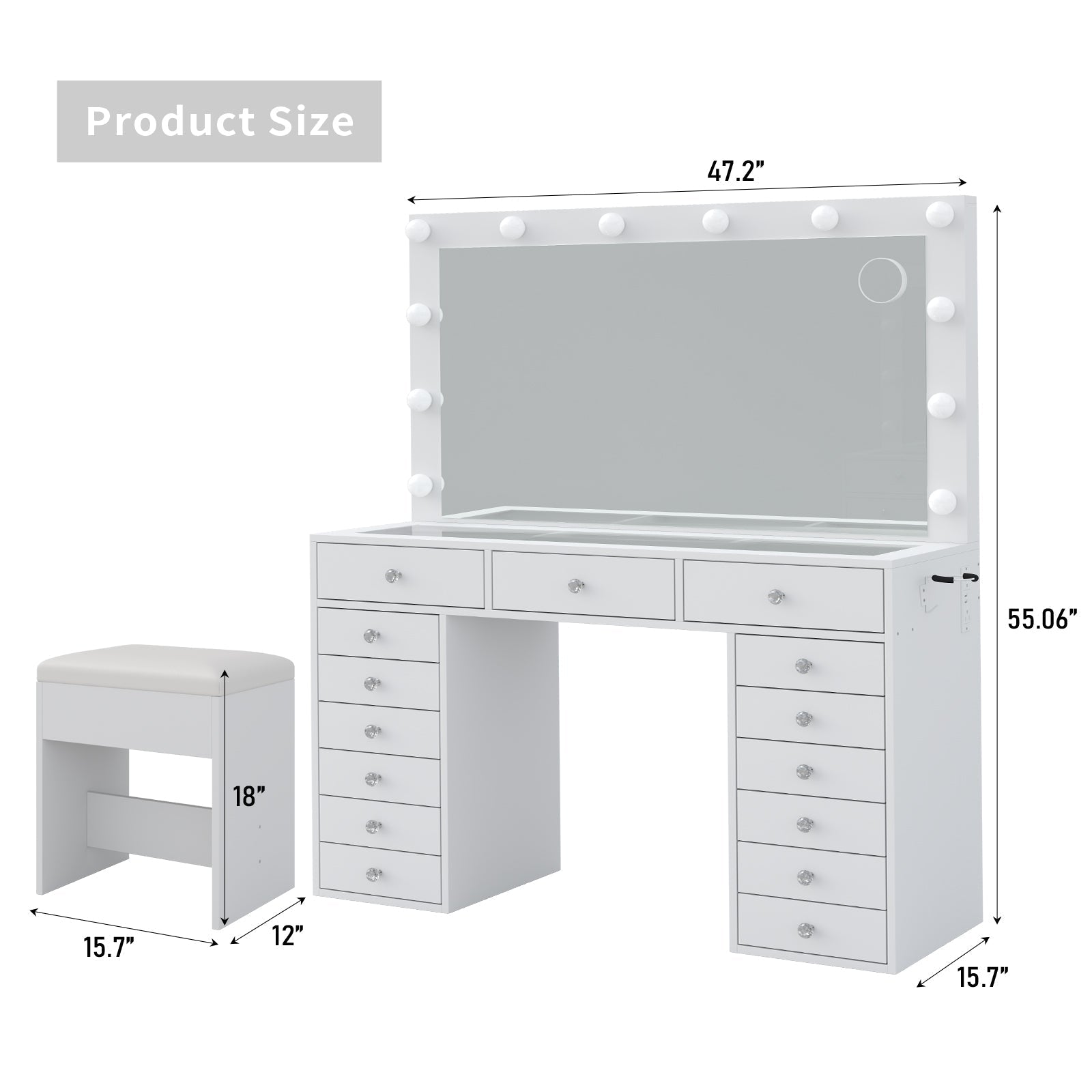 Makeup Vanity desk with LED Mirror, 15 Drawers