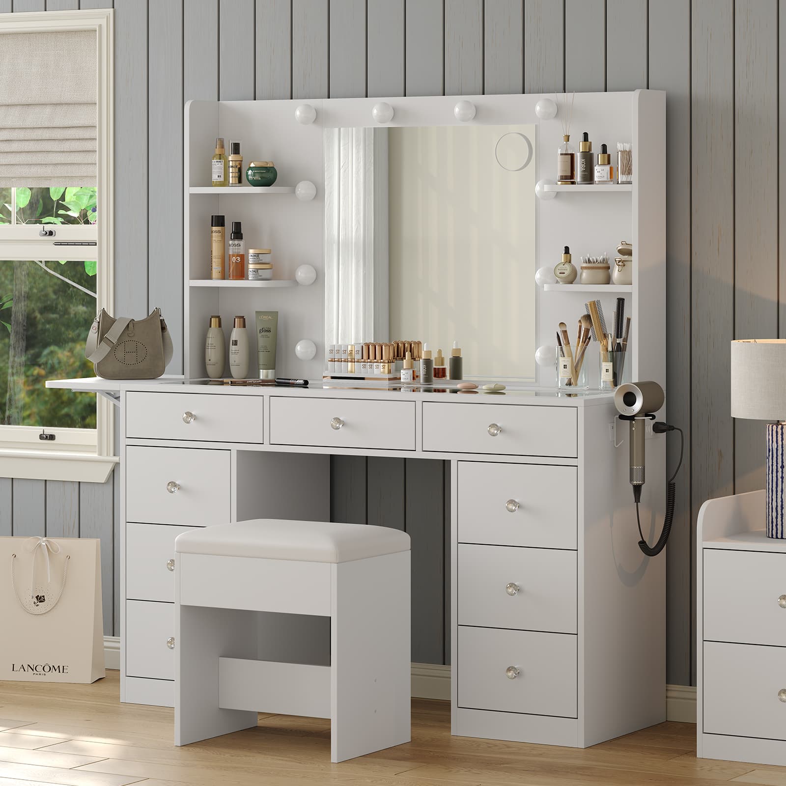 Yanosaku VD020 Vanity Desk with Power Outlet, Mirror, 10 LED Lights