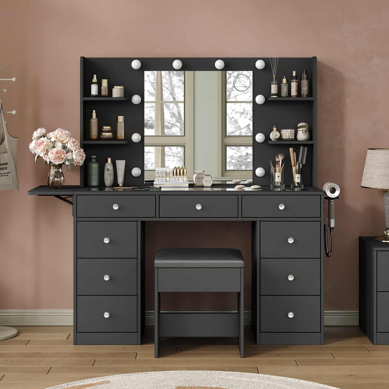 Yanosaku VD020 Vanity Desk with Power Outlet, Mirror, 10 LED Lights