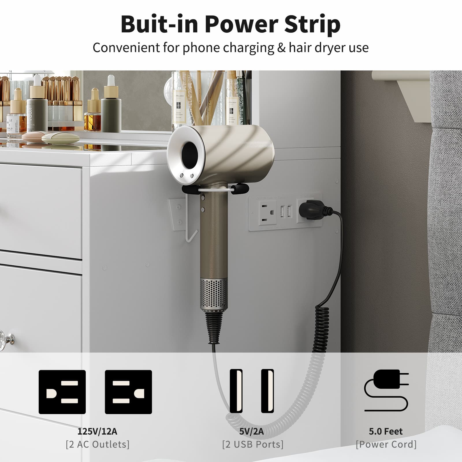 Yanosaku VD020 Vanity Desk with Power Outlet, Mirror, 10 LED Lights