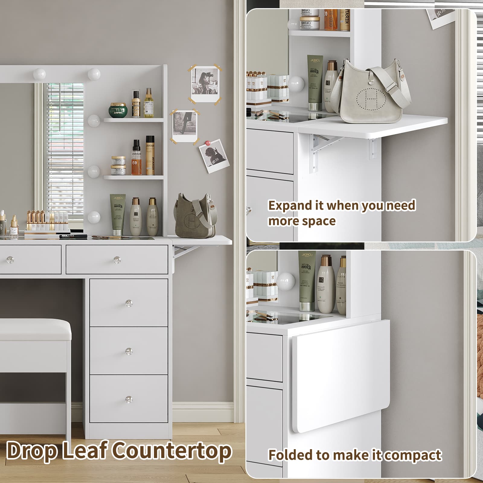 Yanosaku VD020 Vanity Desk with Power Outlet, Mirror, 10 LED Lights