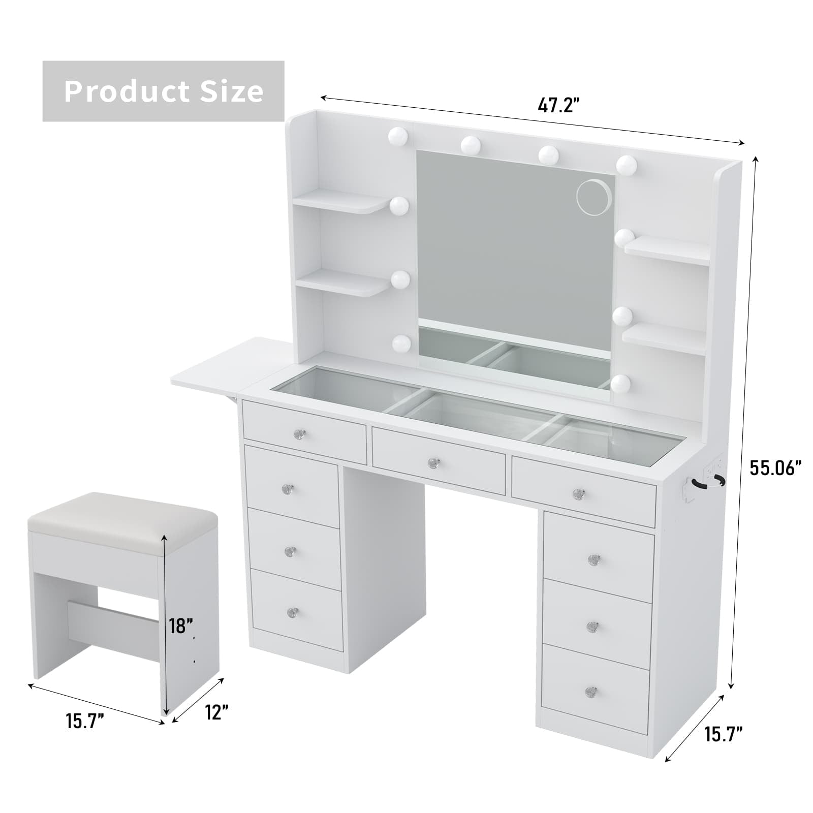 Yanosaku VD020 Vanity Desk with Power Outlet, Mirror, 10 LED Lights