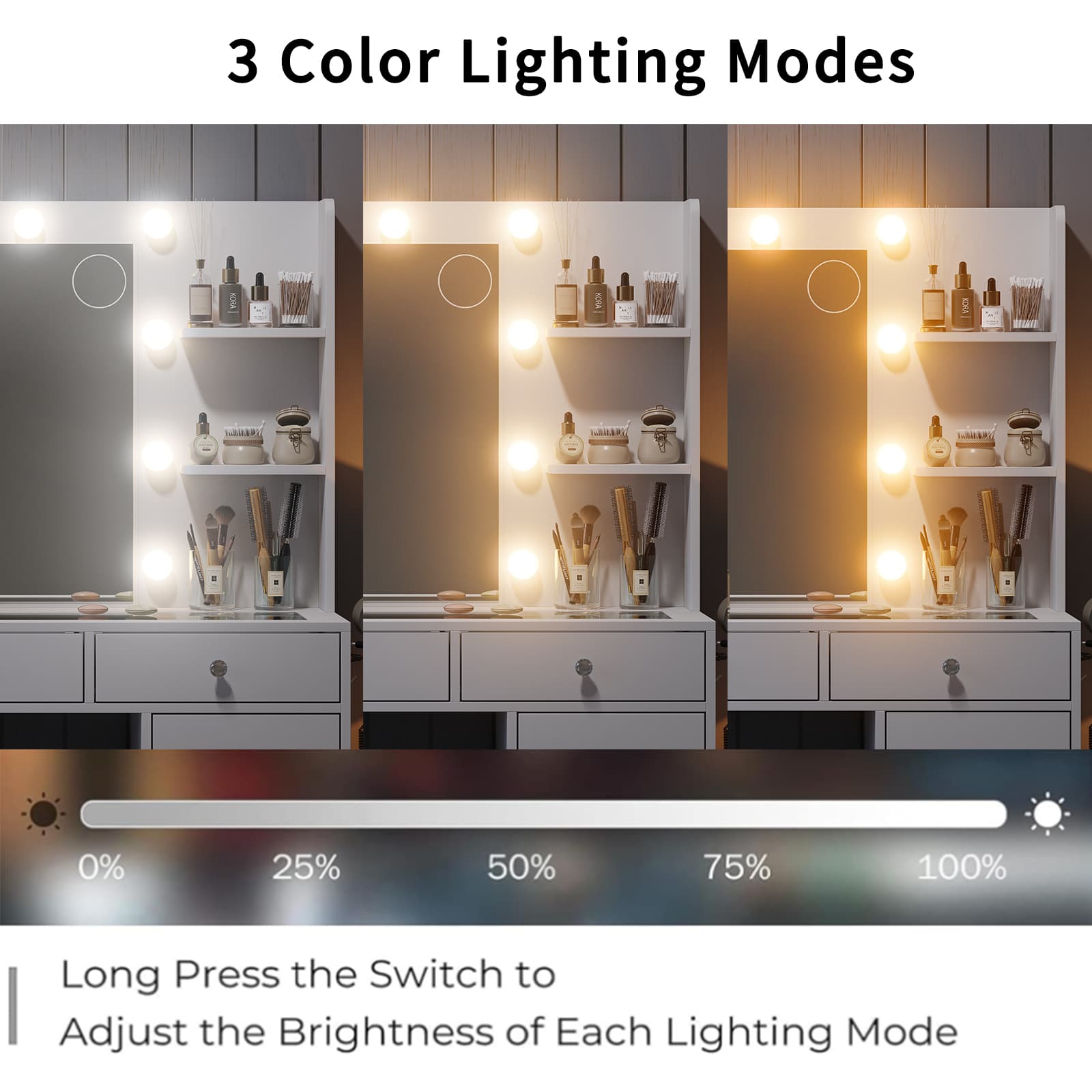 Yanosaku VD020 Vanity Desk with Power Outlet, Mirror, 10 LED Lights