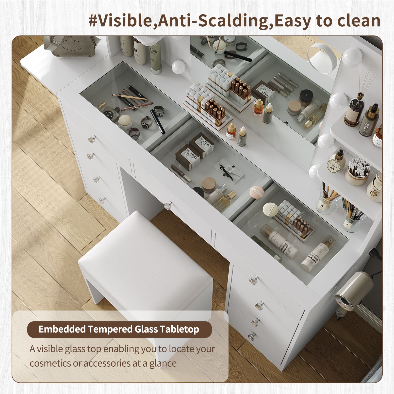 Yanosaku VD020 Vanity Desk with Power Outlet, Mirror, 10 LED Lights