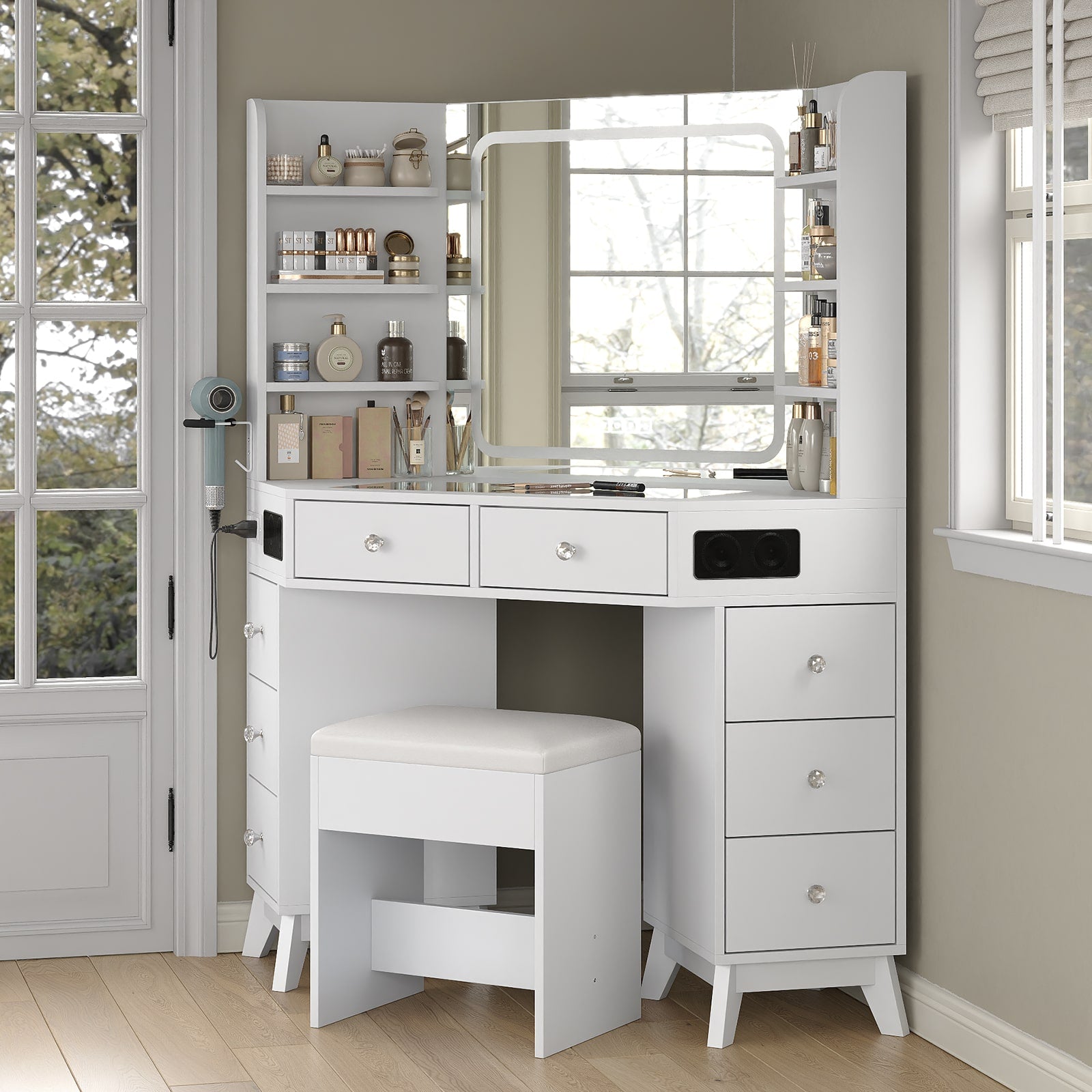 Corner Makeup Vanity, with Bluetooth, White