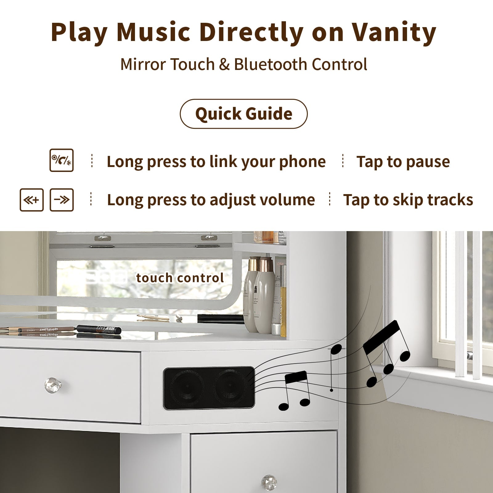 Corner Makeup Vanity, with Bluetooth, White