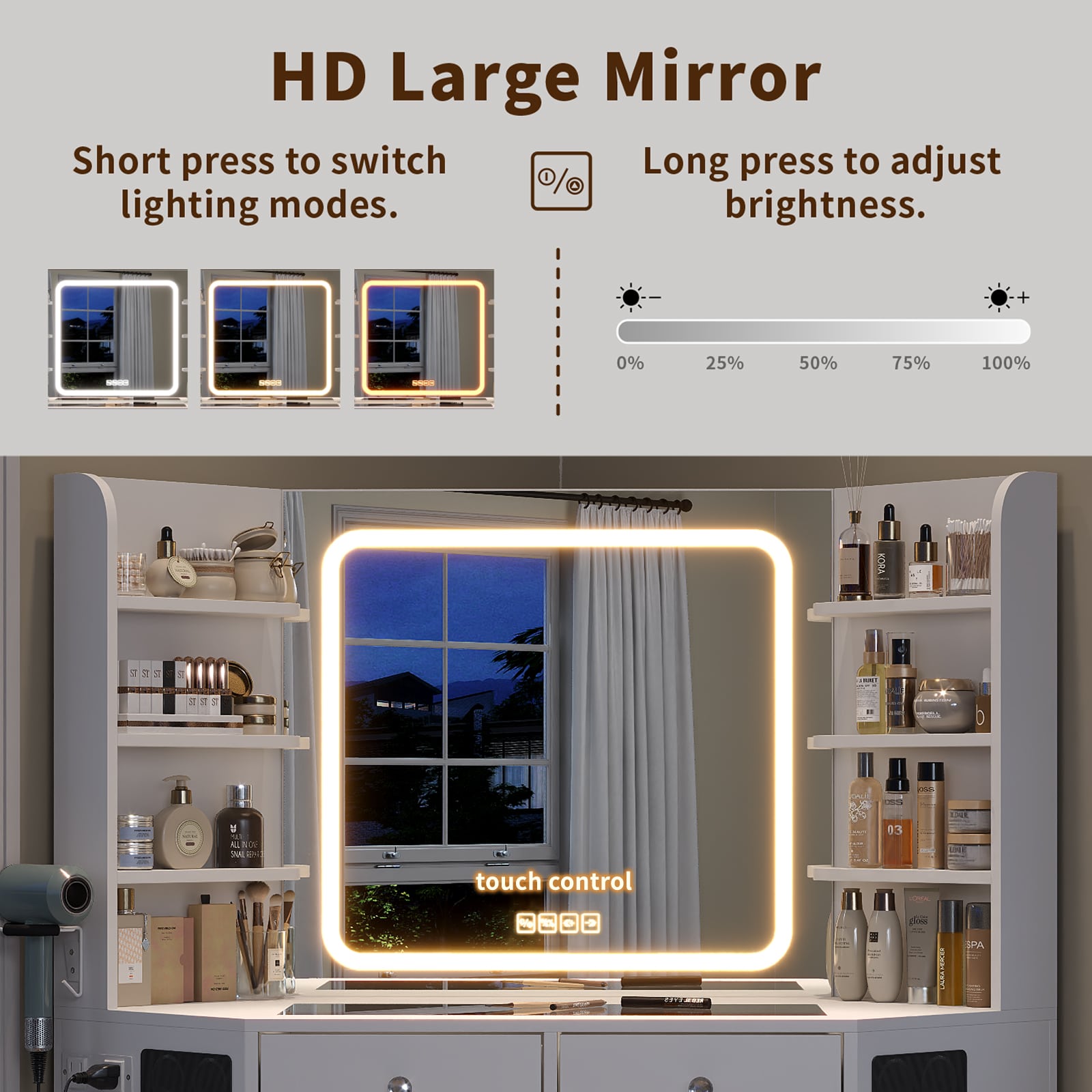 Corner Makeup Vanity, with Bluetooth, White