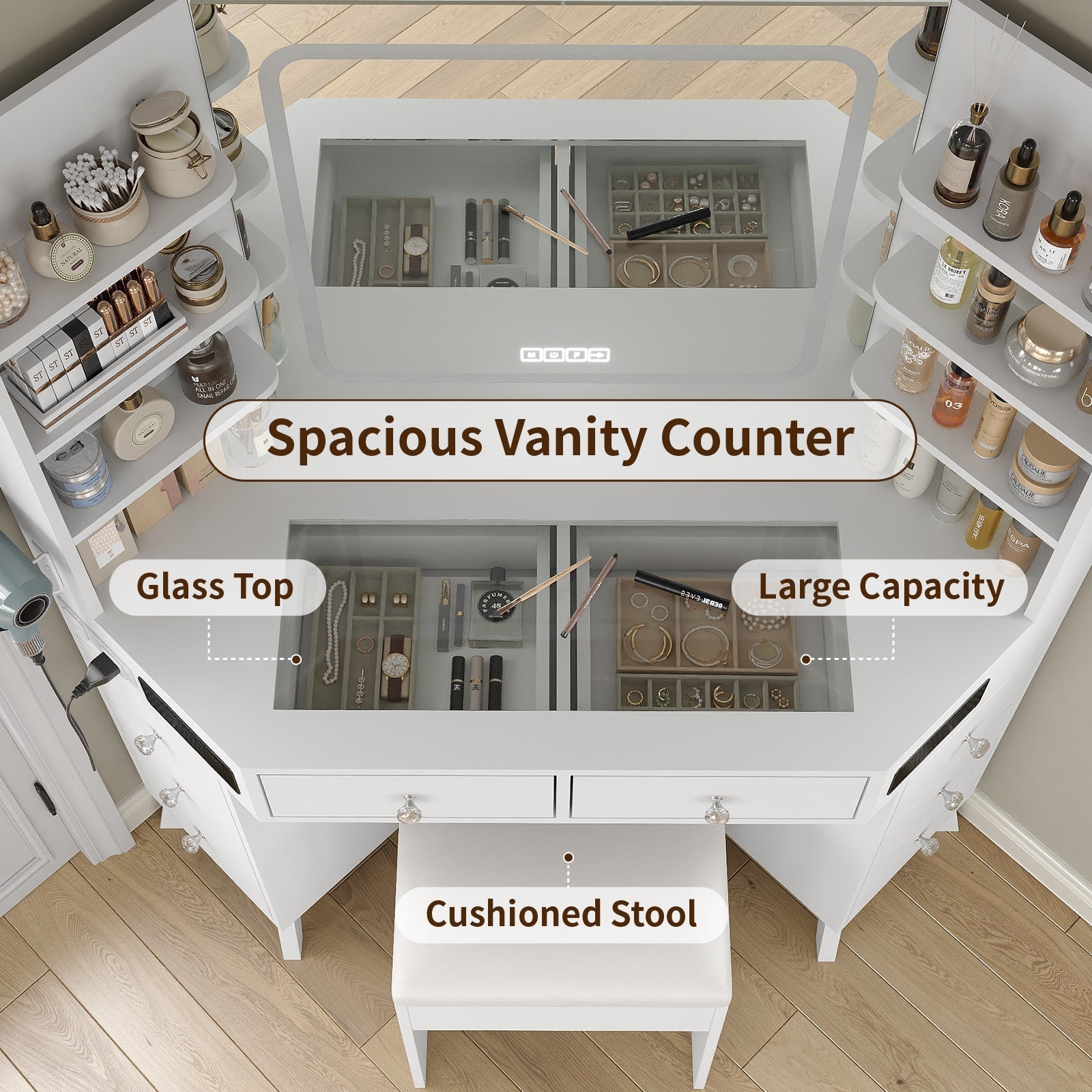 Corner Makeup Vanity, with Bluetooth, White