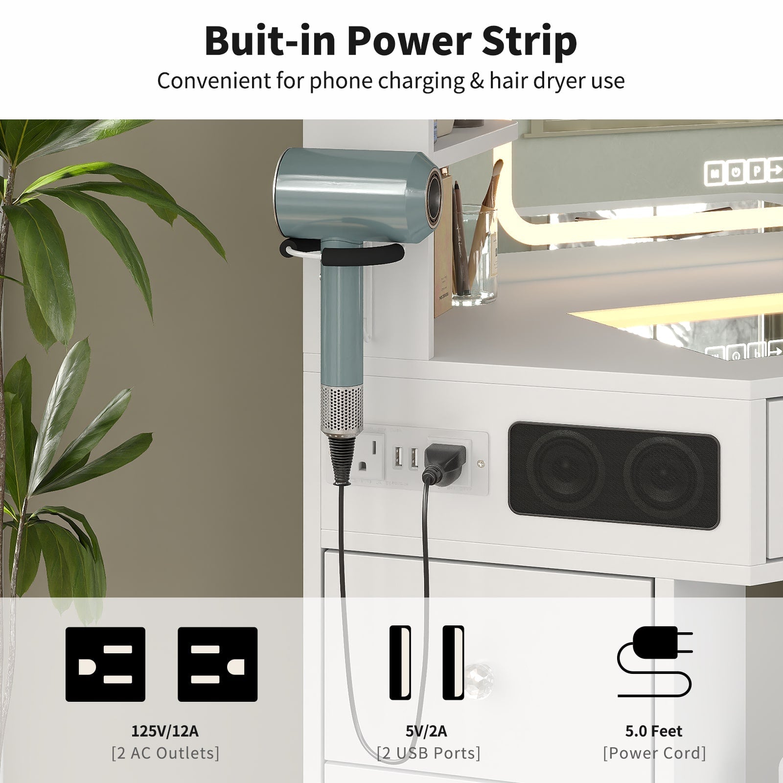 Corner Makeup Vanity, with Bluetooth, White
