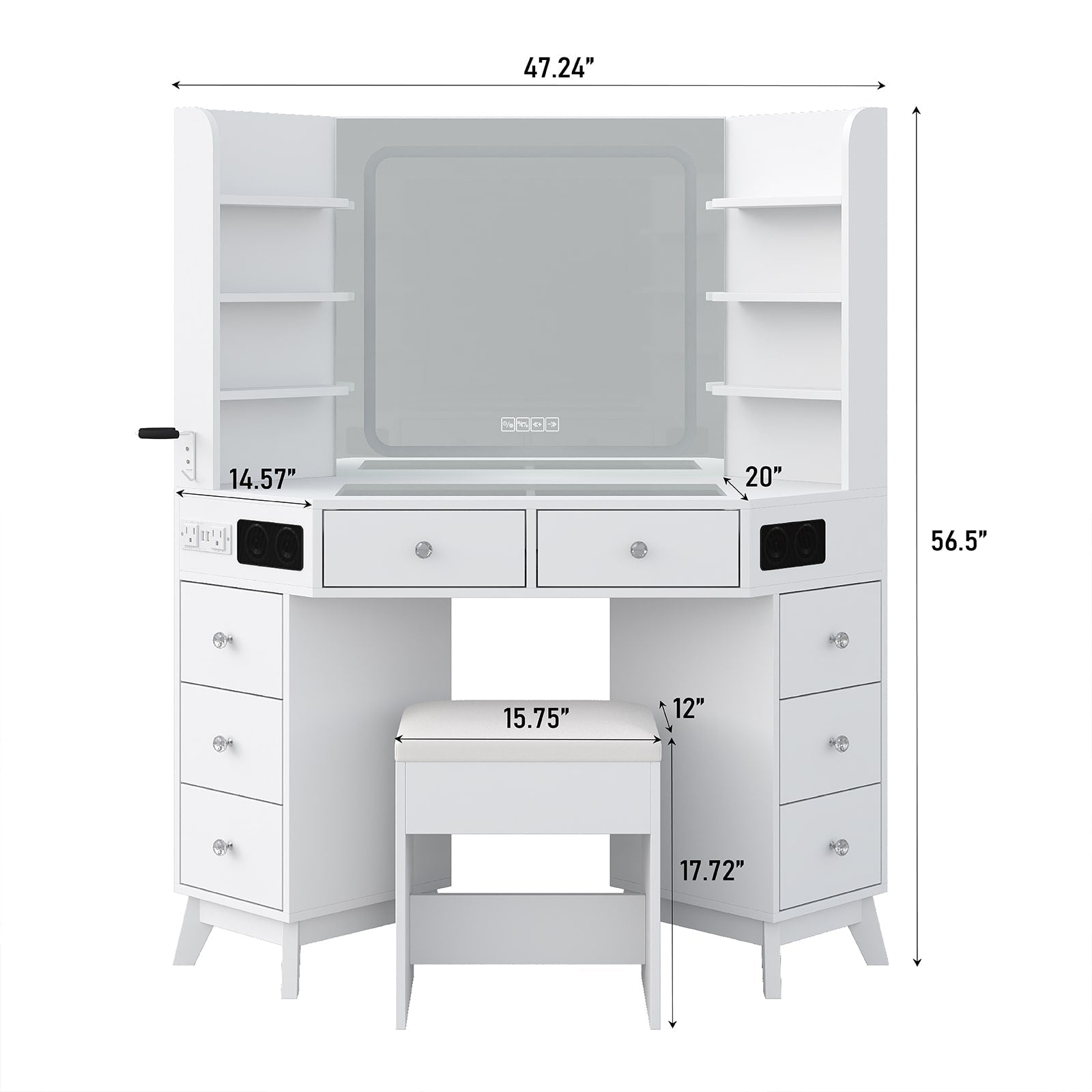 Corner Makeup Vanity, with Bluetooth, White