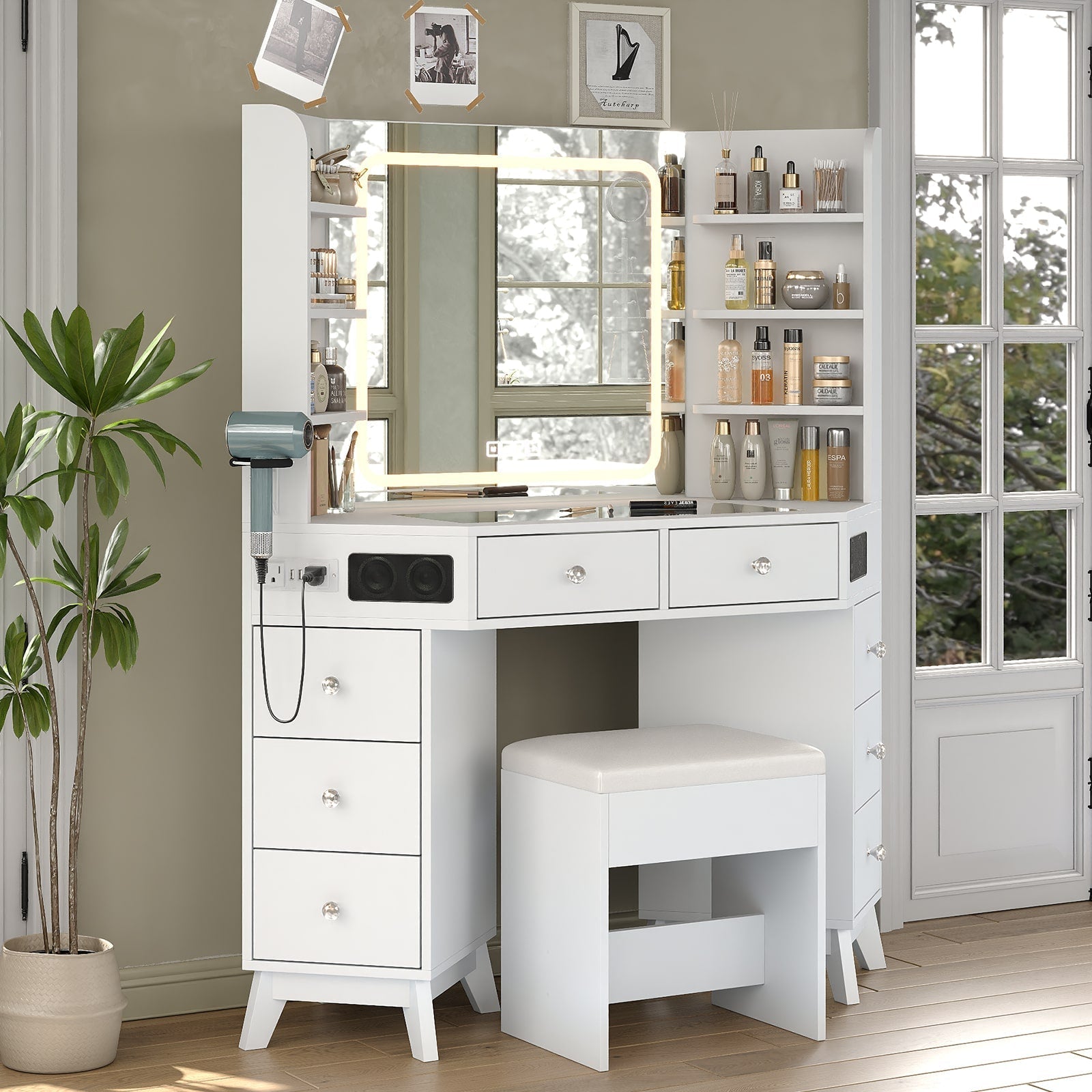 Corner Makeup Vanity, with Bluetooth, White