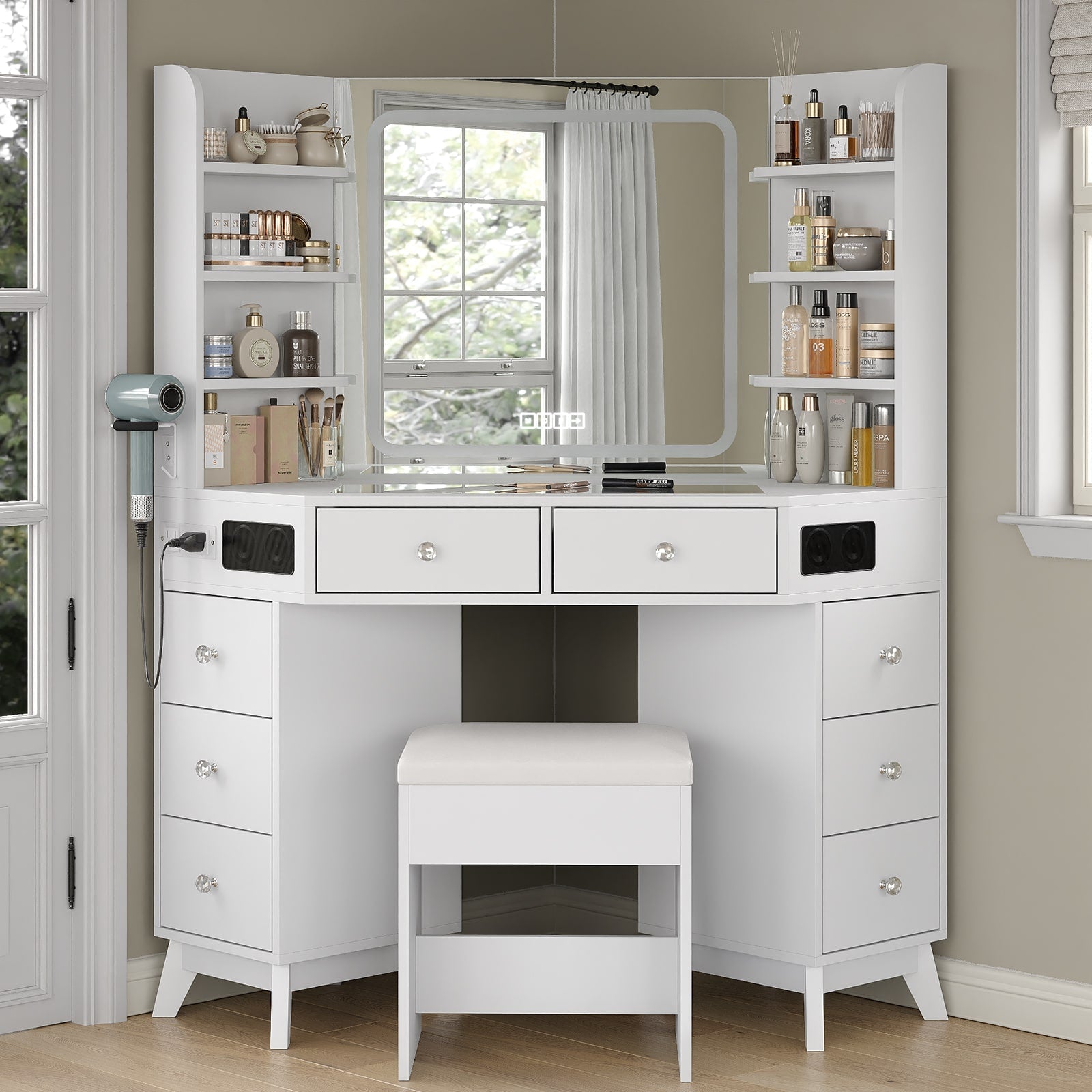 Corner Makeup Vanity, with Bluetooth, White