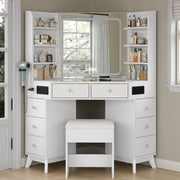 Corner Makeup Vanity, with Bluetooth, White