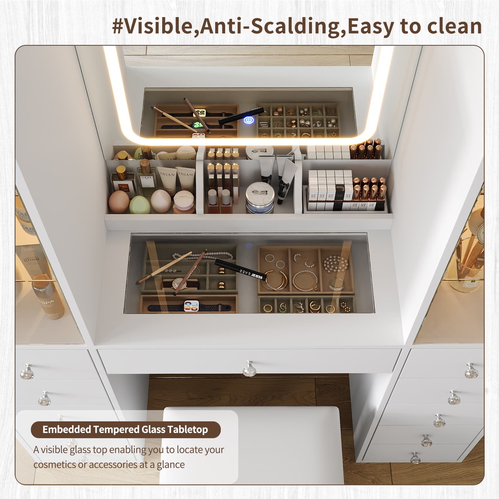 Makeup Vanity desk with mirror, 11 Drawers