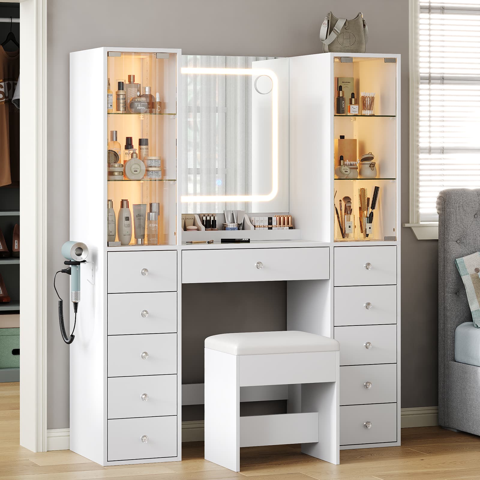 Makeup Vanity desk with mirror, 11 Drawers