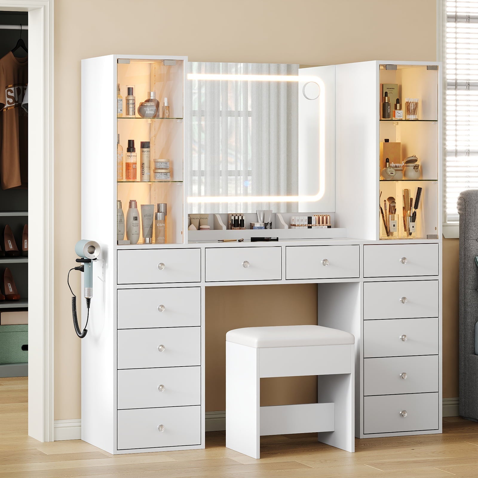 Makeup Vanity desk with mirror, 12 Drawers