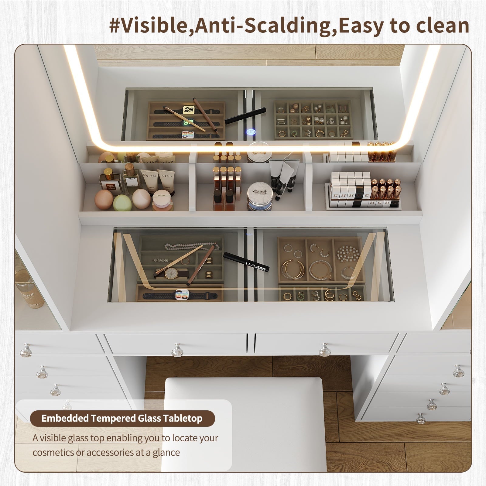 Makeup Vanity desk with mirror, 12 Drawers