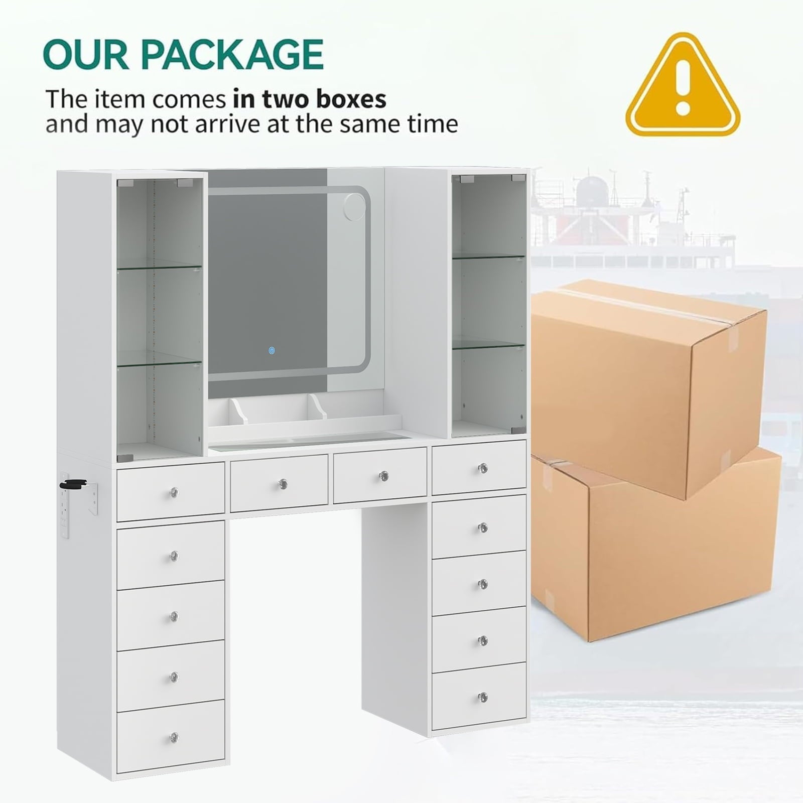 Makeup Vanity desk with mirror, 12 Drawers