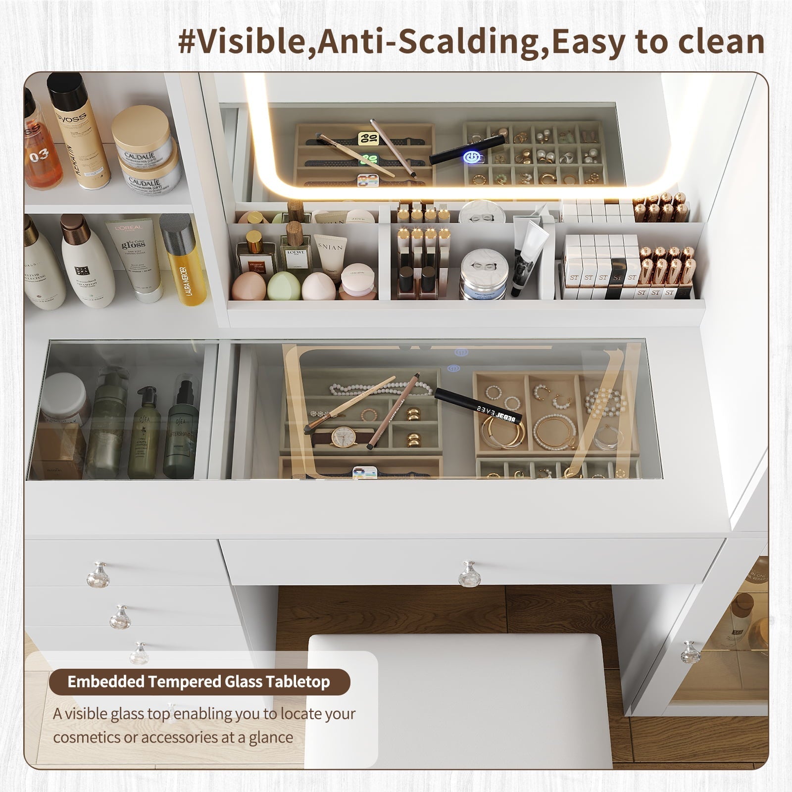 Makeup Vanity desk with mirror, 6 Drawers