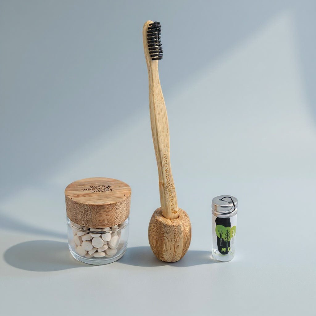 Zero Waste Teeth Kit includes Toothbrush, Bamboo Glass Jar, Stand & Tooth Tabs