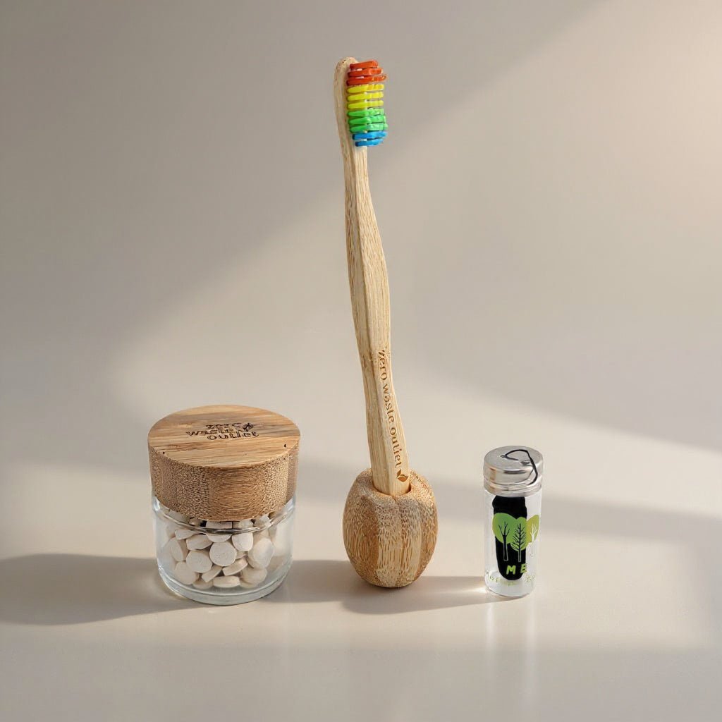 Zero Waste Teeth Kit includes Toothbrush, Bamboo Glass Jar, Stand & Tooth Tabs
