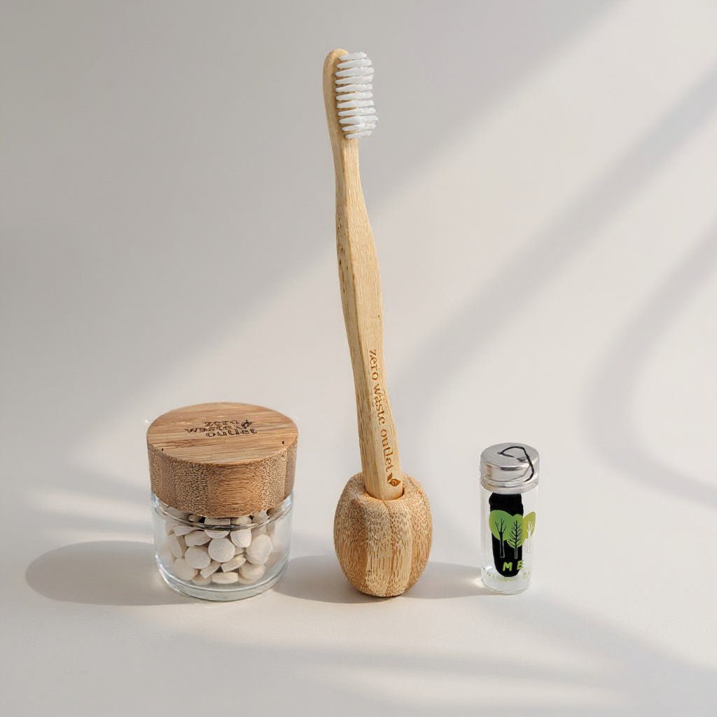 Zero Waste Teeth Kit includes Toothbrush, Bamboo Glass Jar, Stand & Tooth Tabs